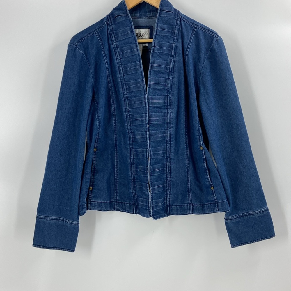 LAL denim long sleeve blue jean jacket lattice trim detail boho